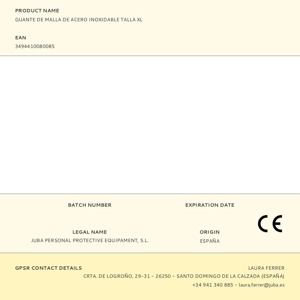 Guante malla de acero inoxidable, t-xl