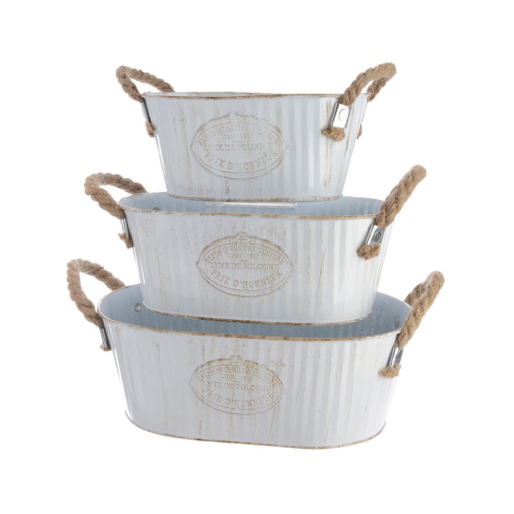 Cubo zinc ovalado con dos asas de cuerda, blanco vintage, 3 uds