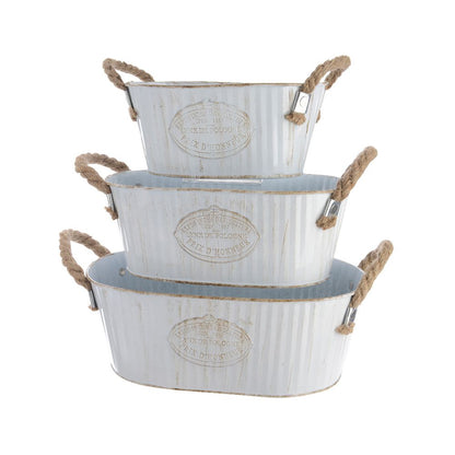 Cubo zinc ovalado con dos asas de cuerda, blanco vintage, 3 uds