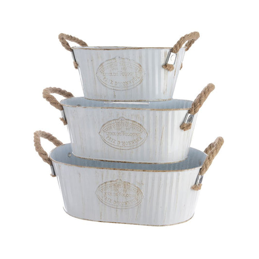Cubo zinc ovalado con dos asas de cuerda, blanco vintage, 3 uds