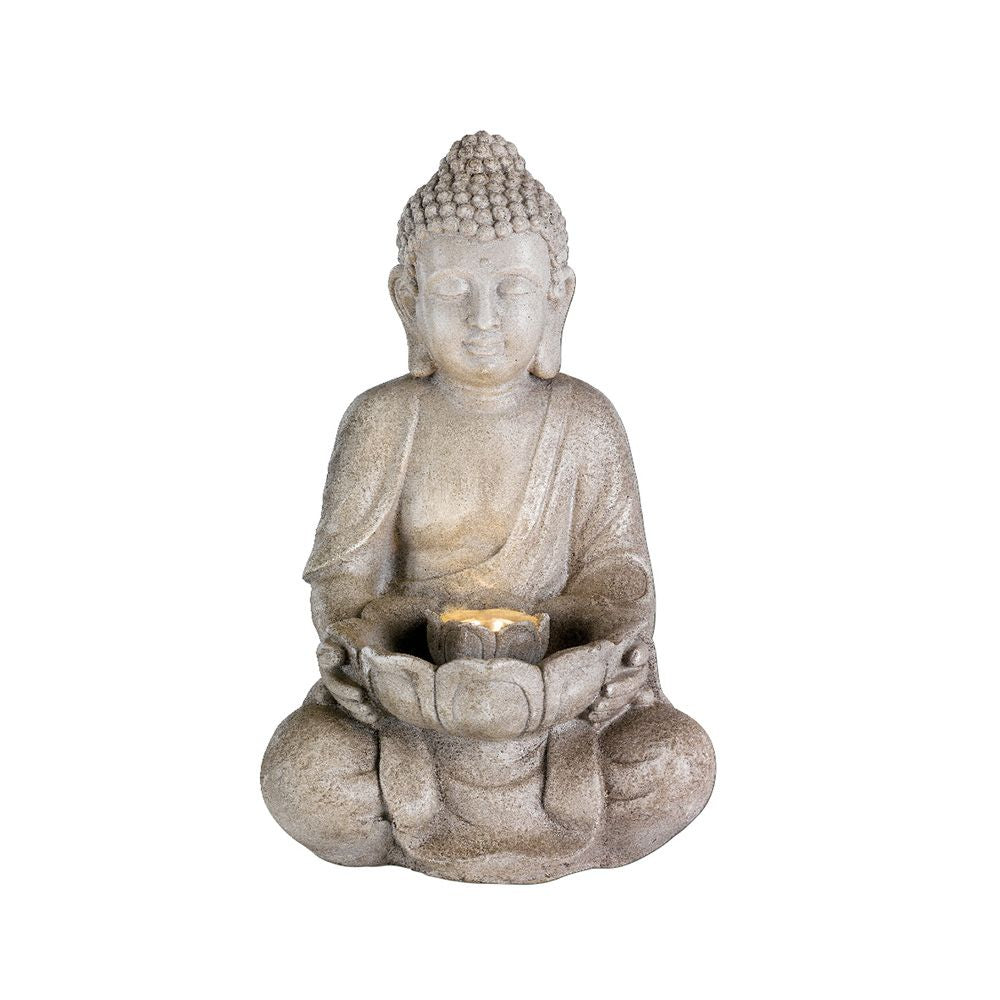 Fuente de cerámica para exterior, modelo buda, con led luz cálida - 28 x 29,5 x 45 cm