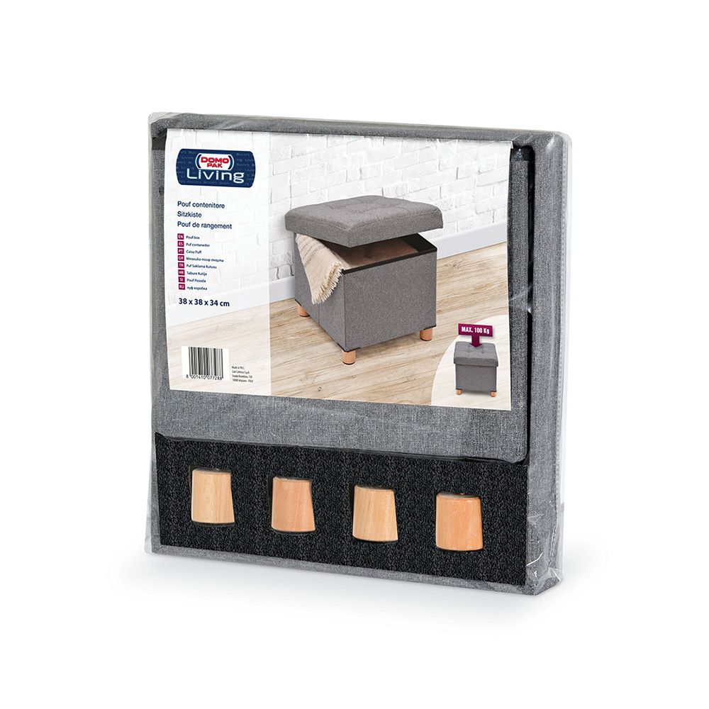 Puf almacenaje gris con patas de madera 38 x 38 x 34 cm