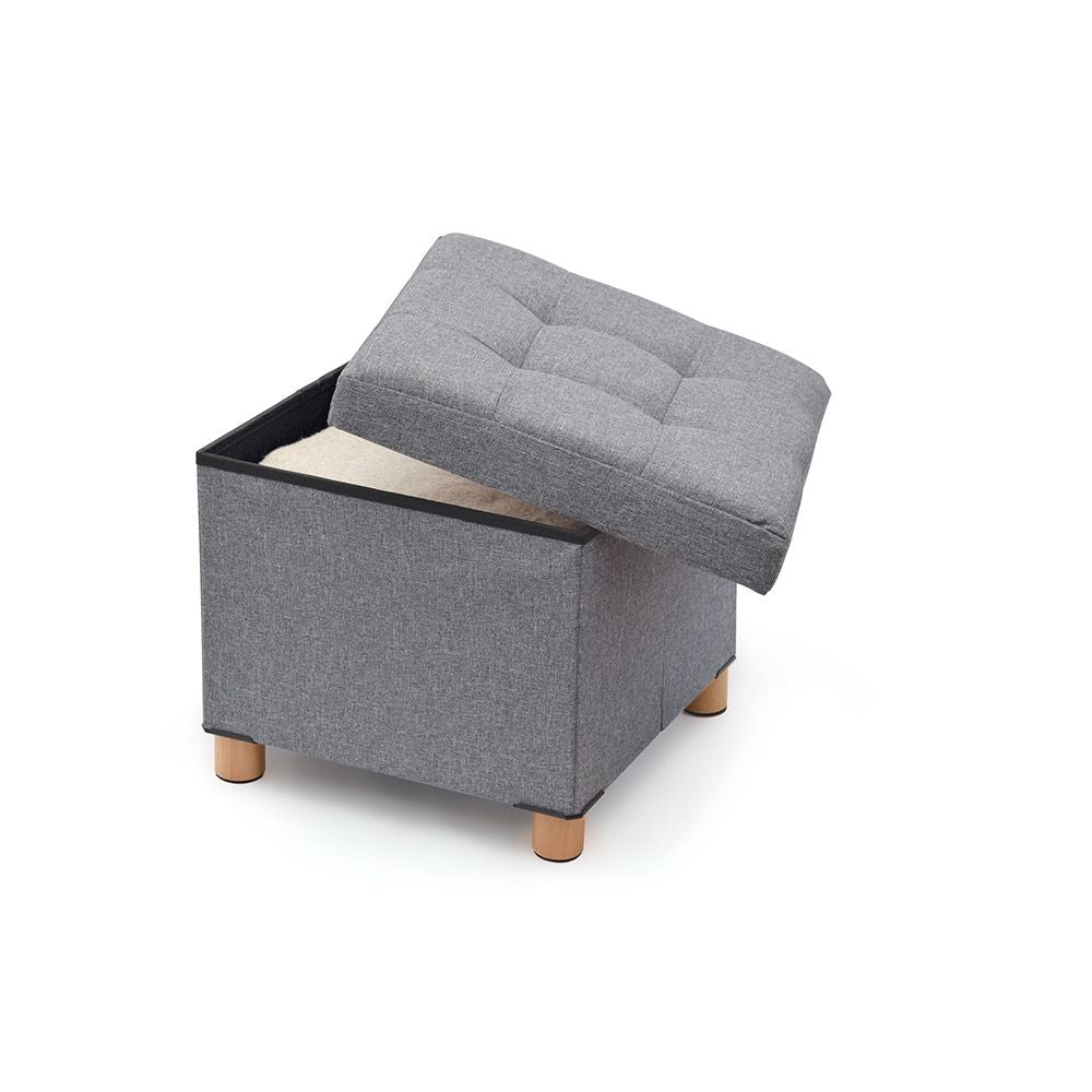 Puf almacenaje gris con patas de madera 38 x 38 x 34 cm