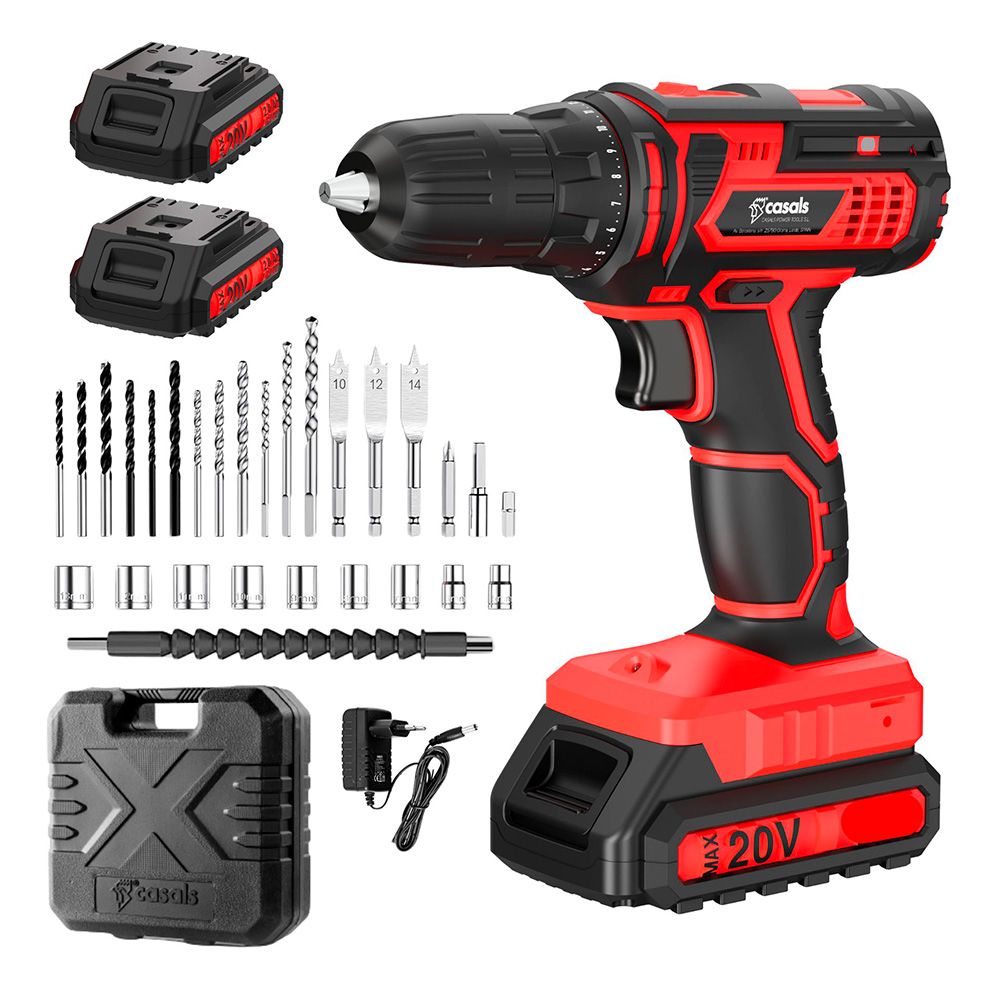 Kit taladro percutor 20 v con accesorios, 2 baterías y cargador