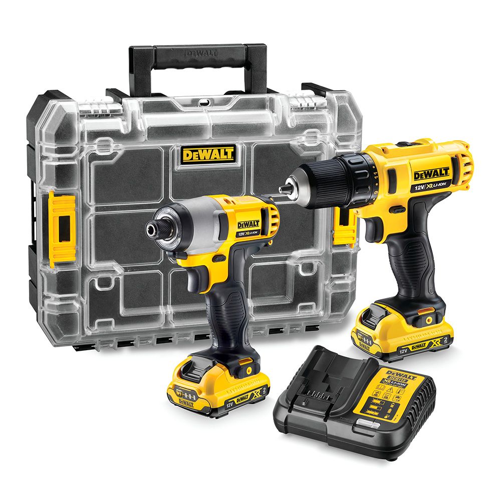 Kit taladro atornillador xr 12 v + atornillador impacto xr 12 v + organizador tstak v, con cargador y 2 baterías li-ion 2 ah
