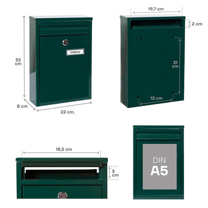 Buzón individual exterior, pequeño, zaguán, acero, verde, 22 x 8 x 32 cm
