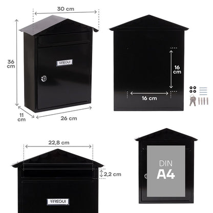 Buzón individual exterior, mediano, visit, acero, negro, 30 x 11 x 36 cm