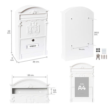 Buzón individual exterior mediano, residencia, aluminio, blanco, 26 x 9 x 42 cm