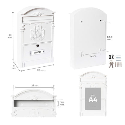 Buzón individual exterior mediano, residencia, aluminio, blanco, 26 x 9 x 42 cm
