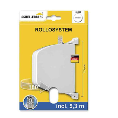 Recogedor exterior abatible giratorio 180° con 5,3 m de cinta, 34 x 188 x 156 mm blanco