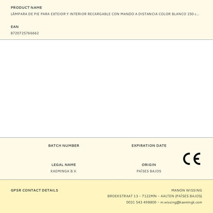 Lámpara de pie para exterior y interior recargable con mando a distancia color blanco 150 cm