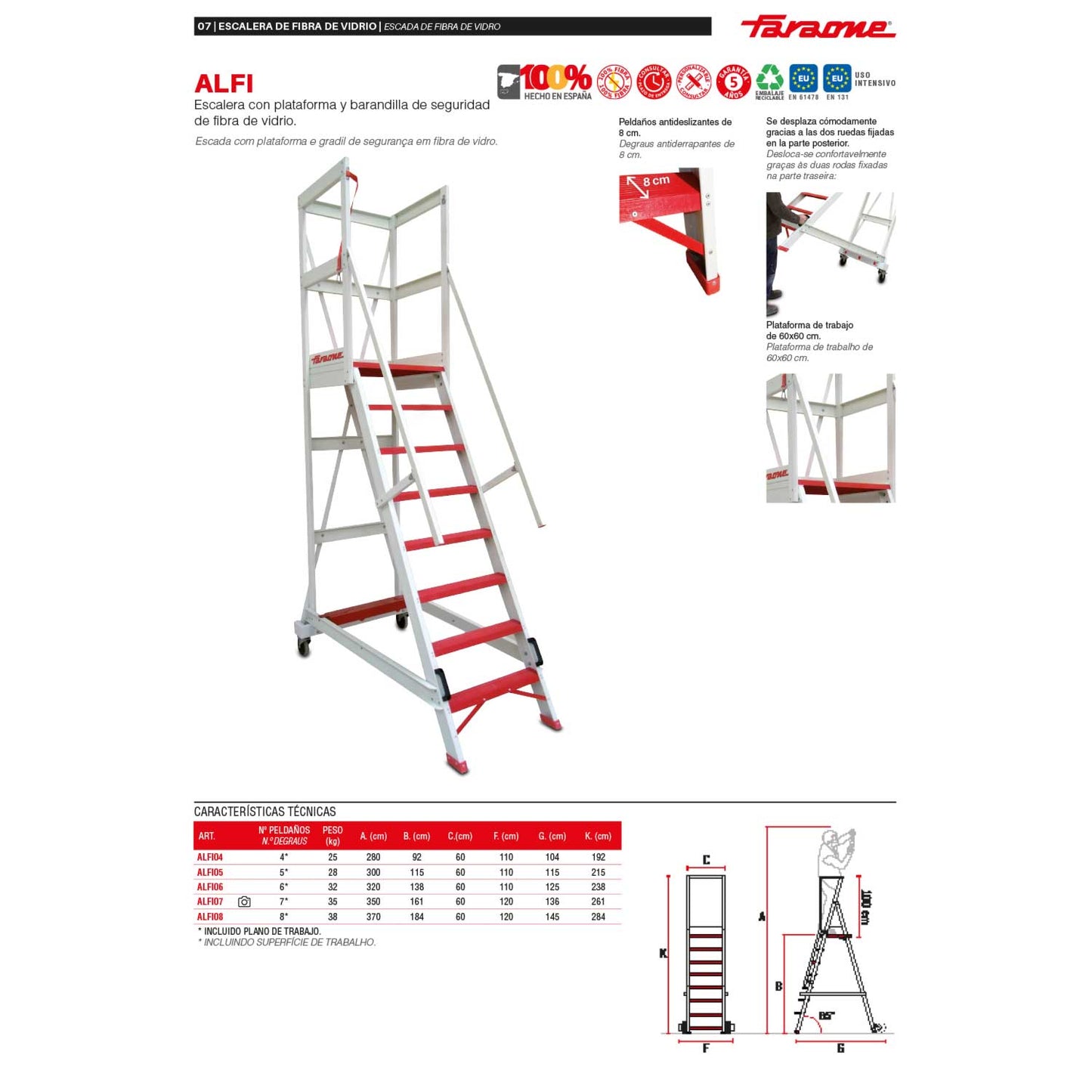 ALFI | Escalera con plataforma y barandilla de seguridad de fibra de vidrio