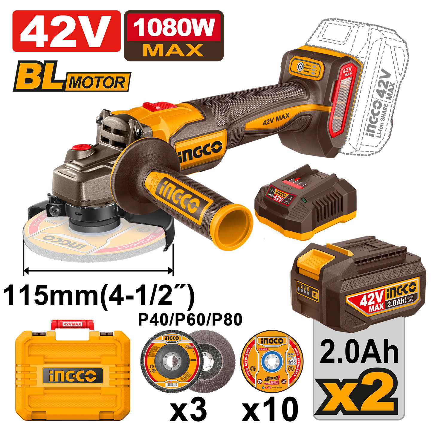 Pack Ingco 42V Profesional - Taladro 69NM + Amoladora 1080W + Martillo 26MM