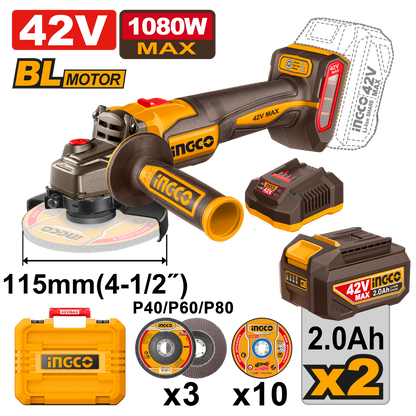Pack Ingco 42V Profesional - Taladro 69NM + Amoladora 1080W + Martillo 26MM