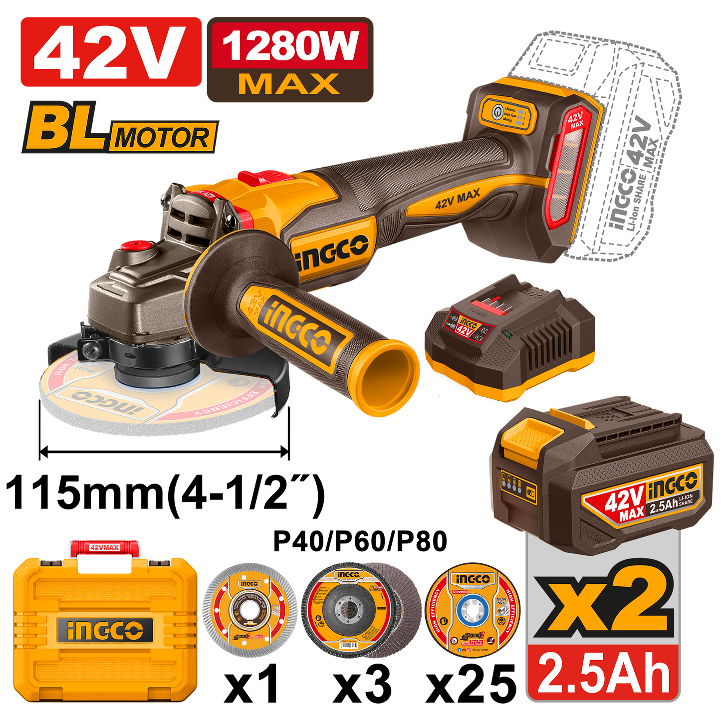 Pack Ingco 42V Profesional Premium - Taladro 99NM + Amoladora 1280W + Martillo 28MM