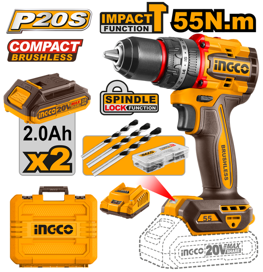 TALADRO DE IMPACTO BRUSHLESS 20V INGCO CIDLI20558E