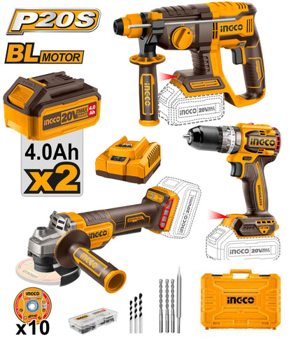 Ingco martillo + radial + taladro+2 baterias + cargador + maletin