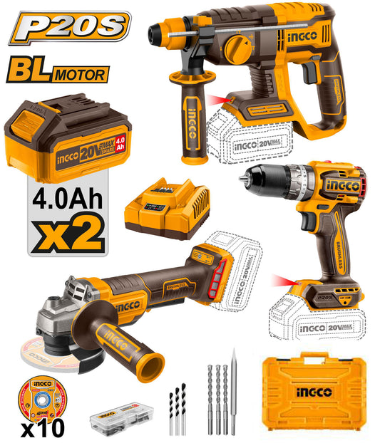 Ingco martillo + radial + taladro+2 baterias + cargador + maletin