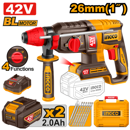 Pack Ingco 42V Profesional - Taladro 69NM + Amoladora 1080W + Martillo 26MM