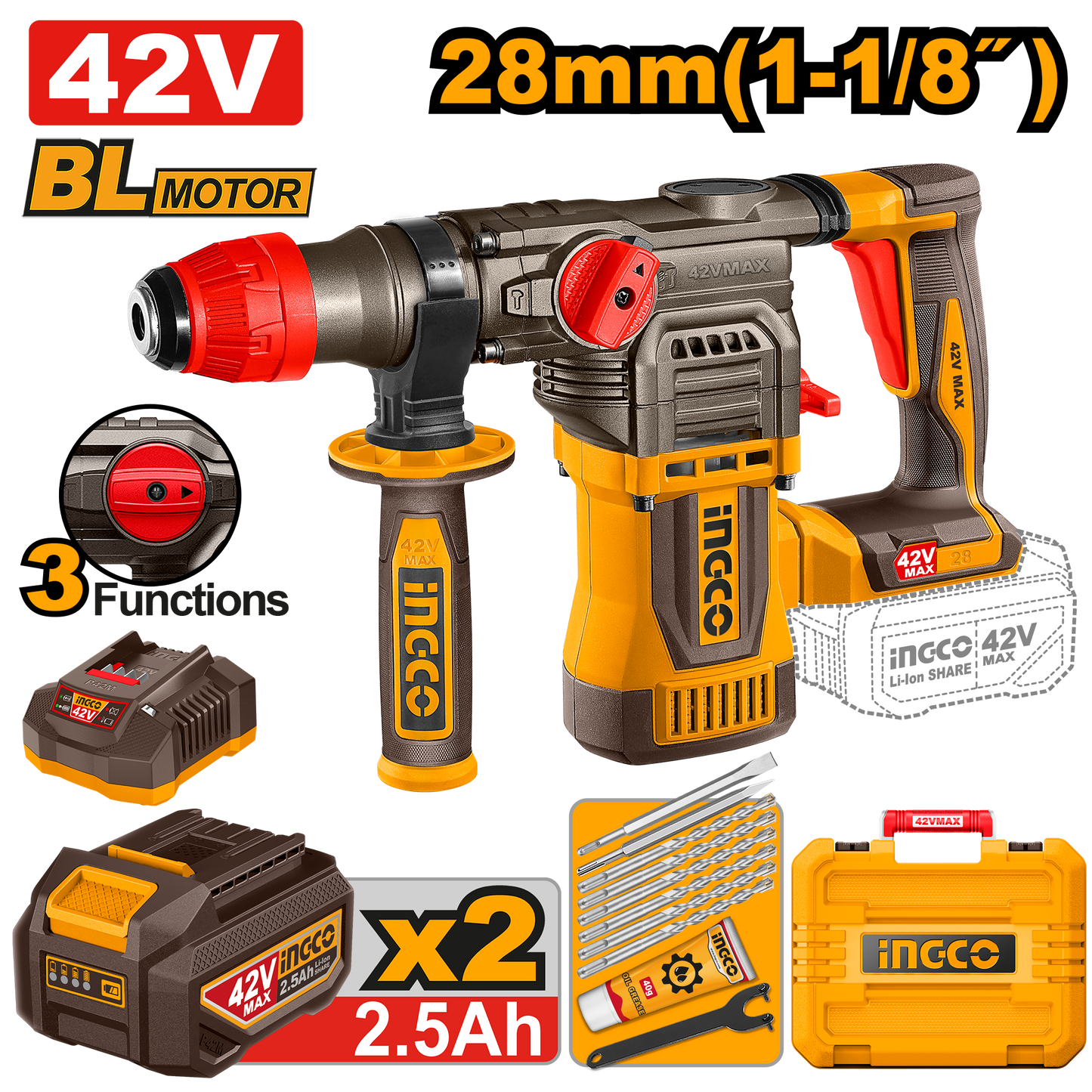 Pack Ingco 42V Profesional Premium - Taladro 99NM + Amoladora 1280W + Martillo 28MM