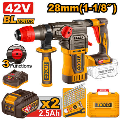 Pack Ingco 42V Profesional Premium - Taladro 99NM + Amoladora 1280W + Martillo 28MM