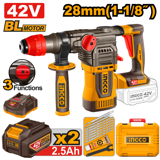 Pack Ingco 42V Profesional Premium - Taladro 99NM + Amoladora 1280W + Martillo 28MM