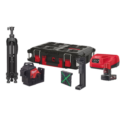 Milwaukee Kit de nivel láser de 3 líneas M12™, verde, ajuste fino, 330° de rotación M123PLSKIT-401P