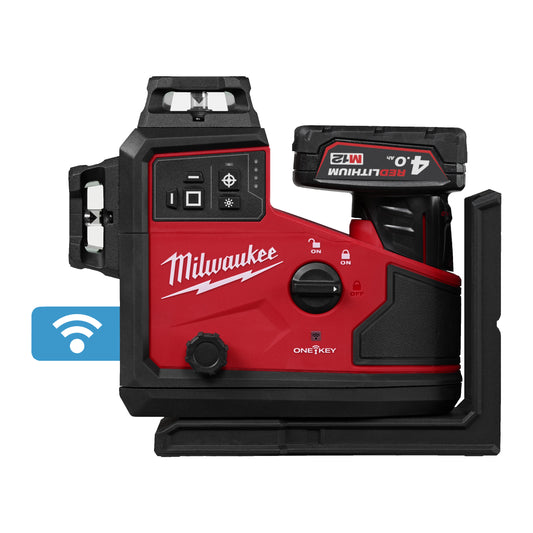 Milwaukee Nivel láser de 3 líneas M12™ con autoalineado, verde, ajuste fino, 330° de rotación M12A3PLO-401C