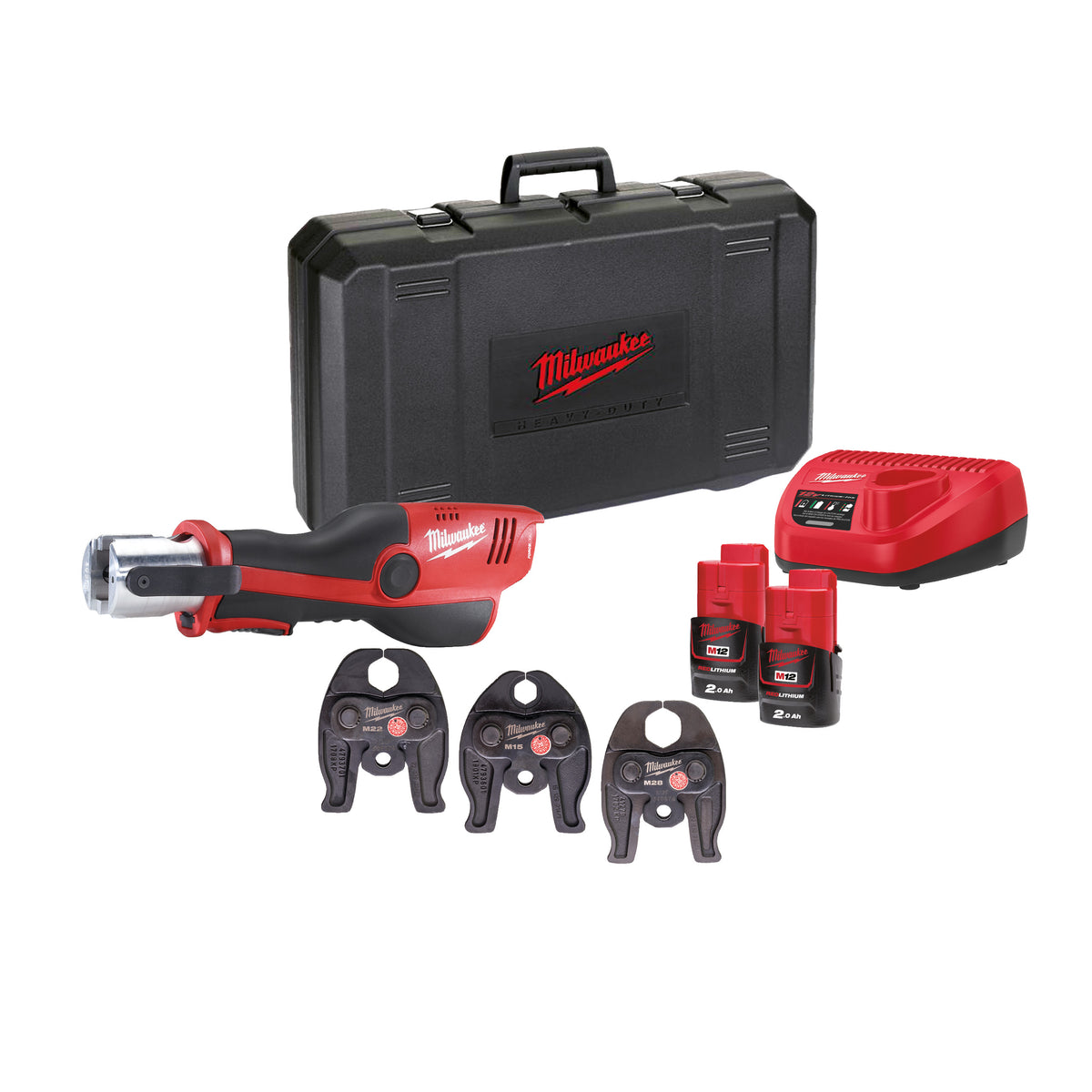 Milwaukee Prensadora hidráulica subcompacta M12™ FORCE LOGIC™, fuerza de prensado 19kN M12HPT-202C Geberit Mapress Set