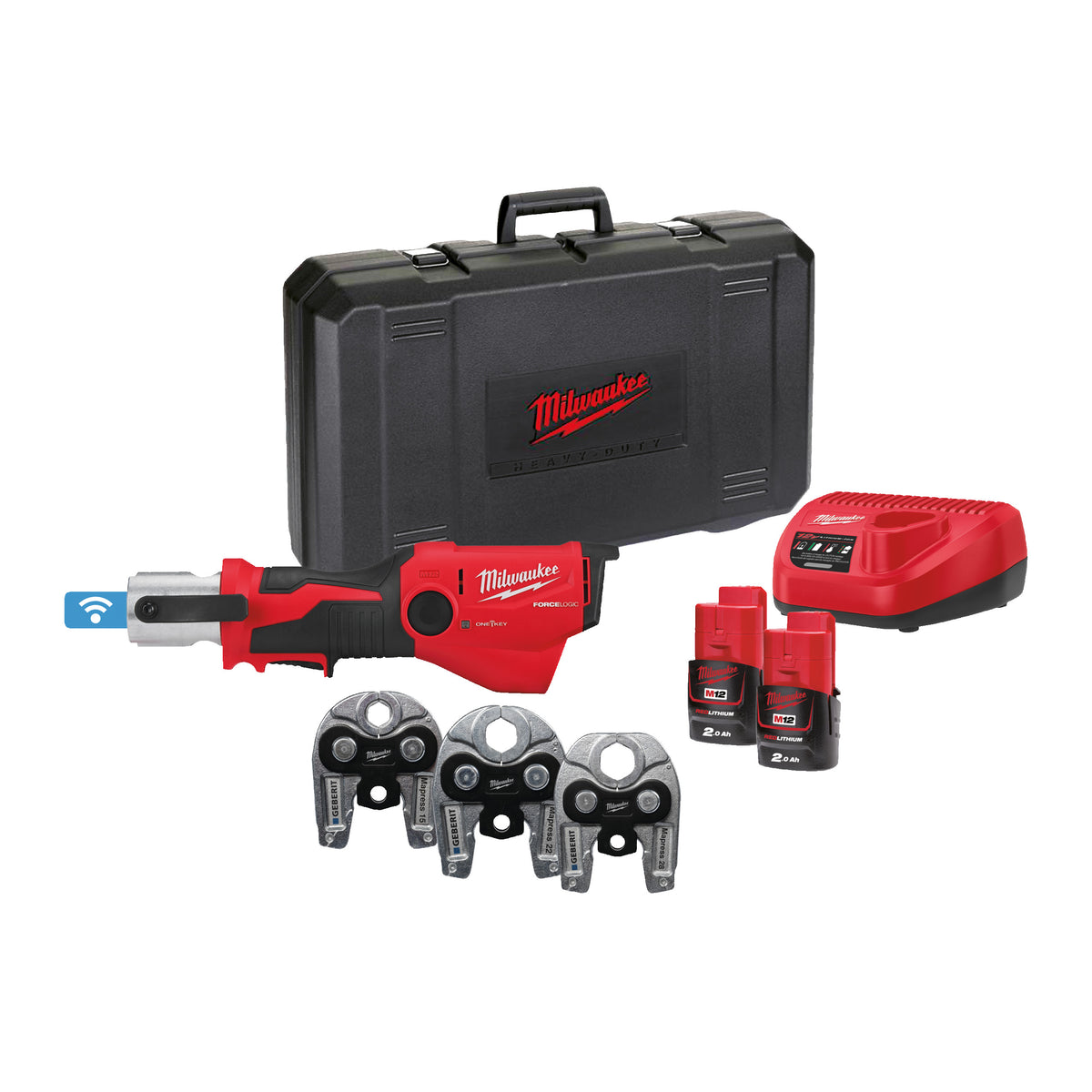 Milwaukee Prensadora hidráulica subcompacta M12™ ONE-KEY™ FORCE LOGIC™, fuerza de prensado 19kN M12ONEHPT-202C Geberit Mapress Set