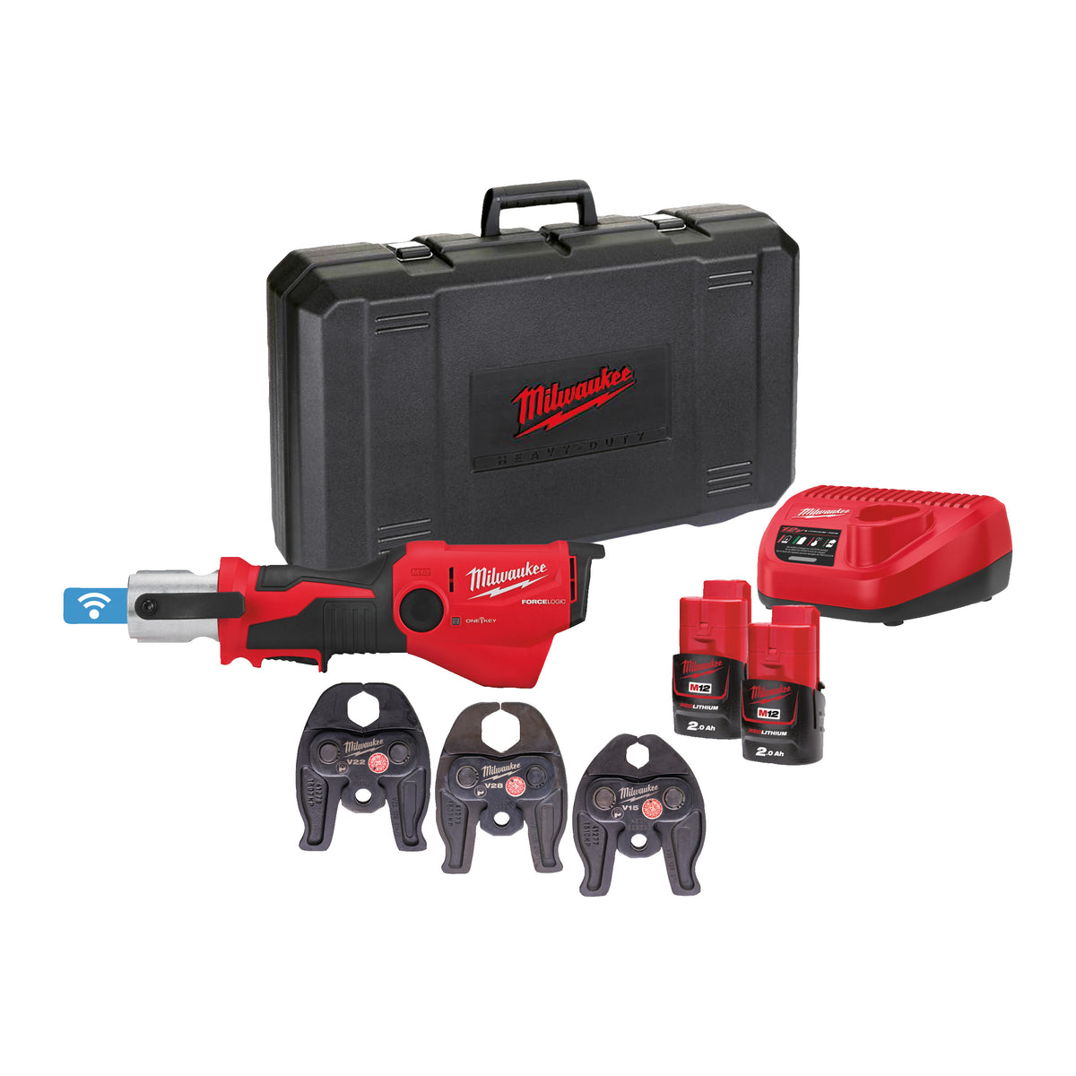Milwaukee Prensadora hidráulica subcompacta M12™ ONE-KEY™ FORCE LOGIC™, fuerza de prensado 19kN M12ONEHPT-202CV-Set