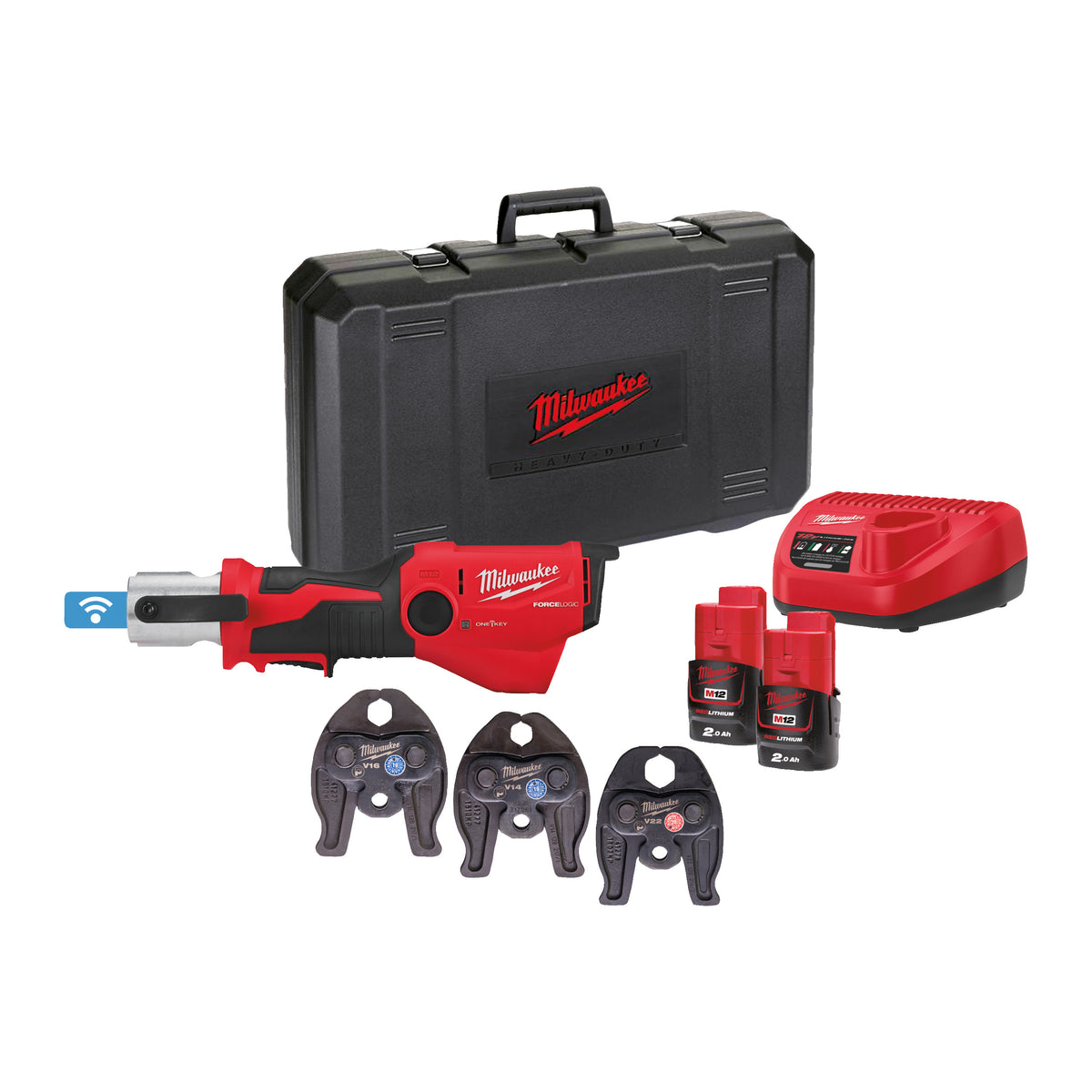 Milwaukee Prensadora hidráulica subcompacta M12™ ONE-KEY™ FORCE LOGIC™, fuerza de prensado 19kN M12ONEHPT-202CV-Set2