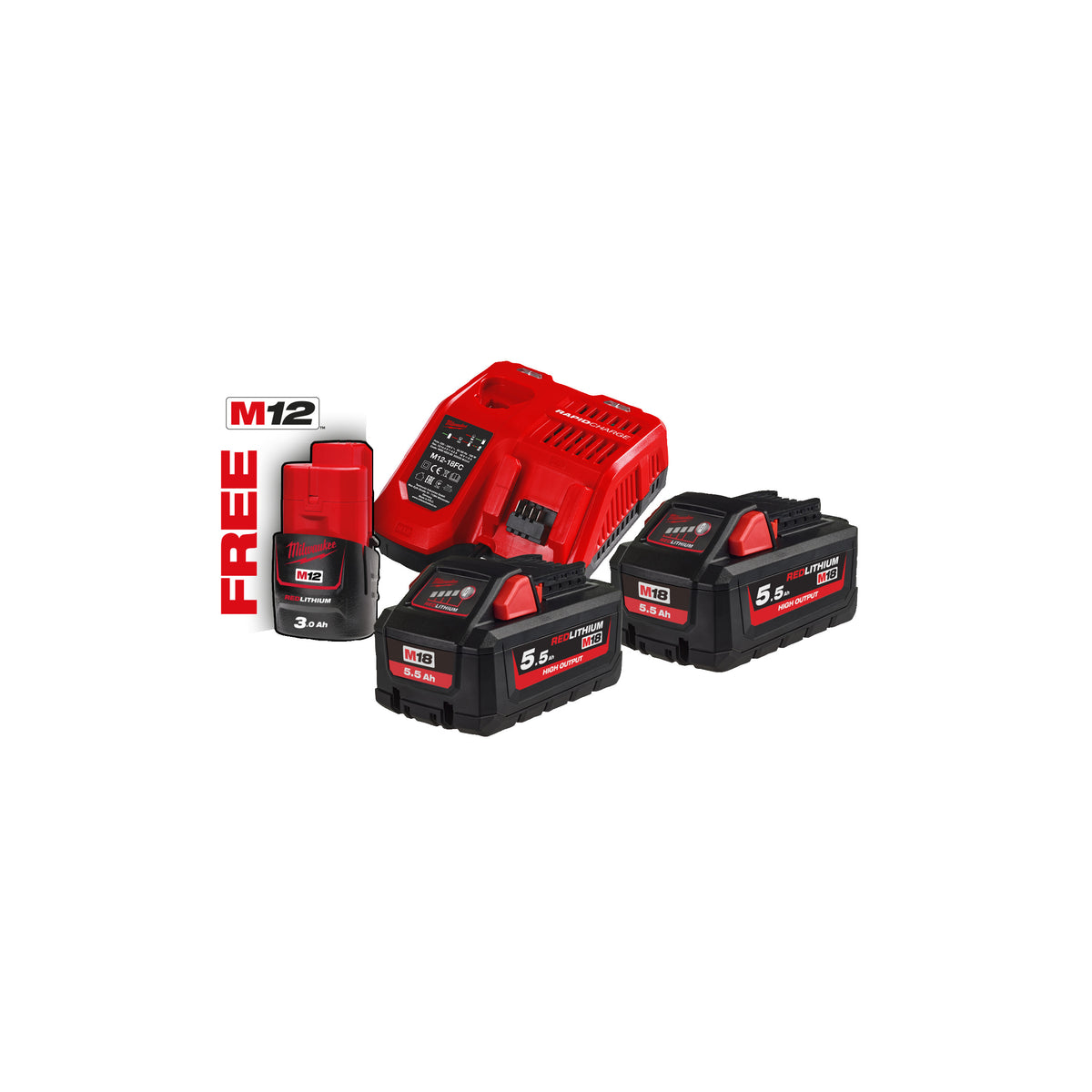 Milwaukee Kit 2 baterías M18HB5.5 + cargador rápido M12-18FC. Incluye batería M12B3 de regalo M18HNRG-552