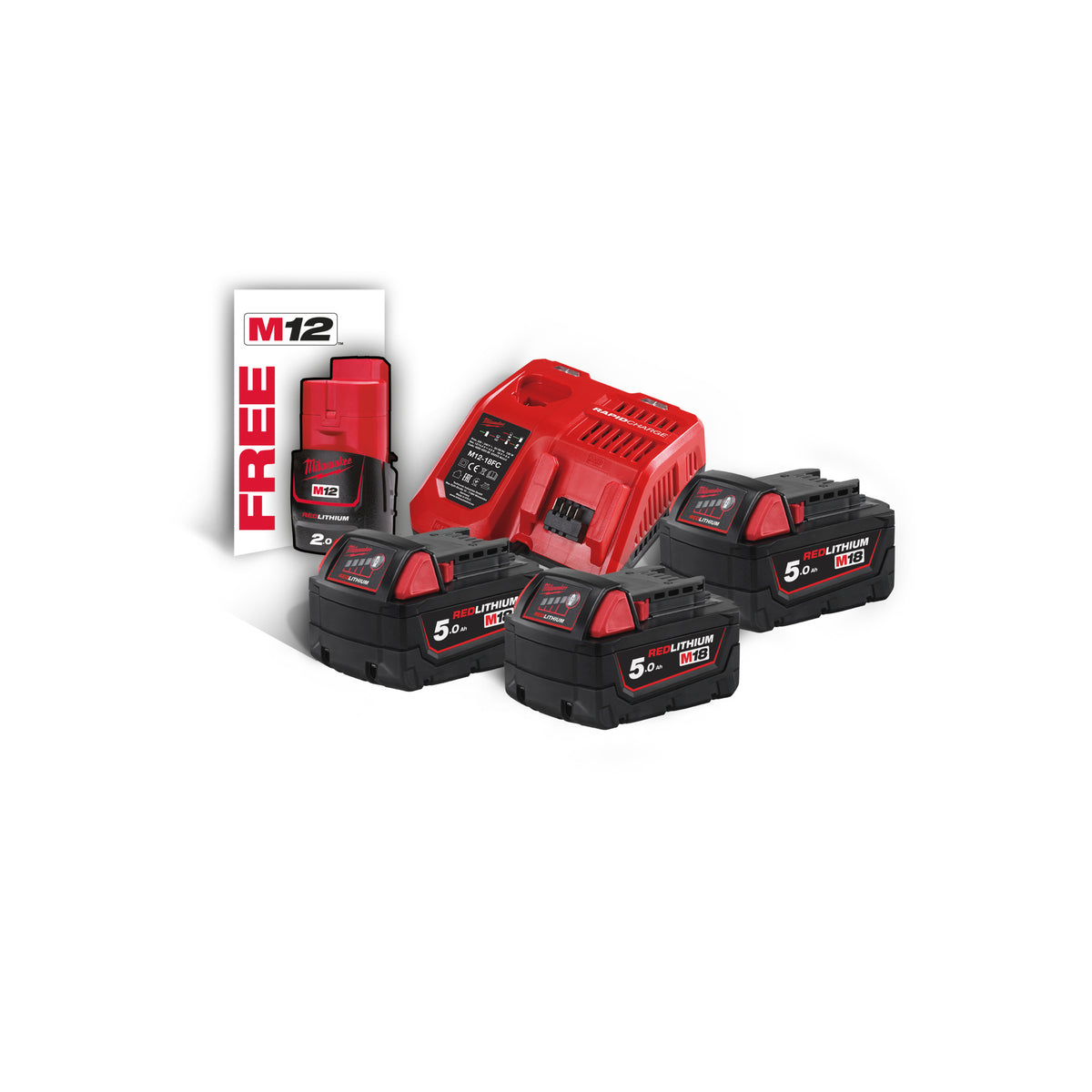 Milwaukee Kit 3 baterías M18B5 + cargador rápido M12-18FC. Incluye batería M12B2 de regalo M18NRG-503