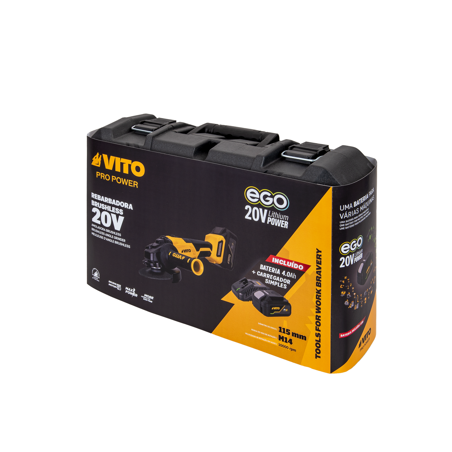 VITO Amoladora Brushless 115Mm Ego 20V, Con Bateria, Cargador Y Caja Bmc