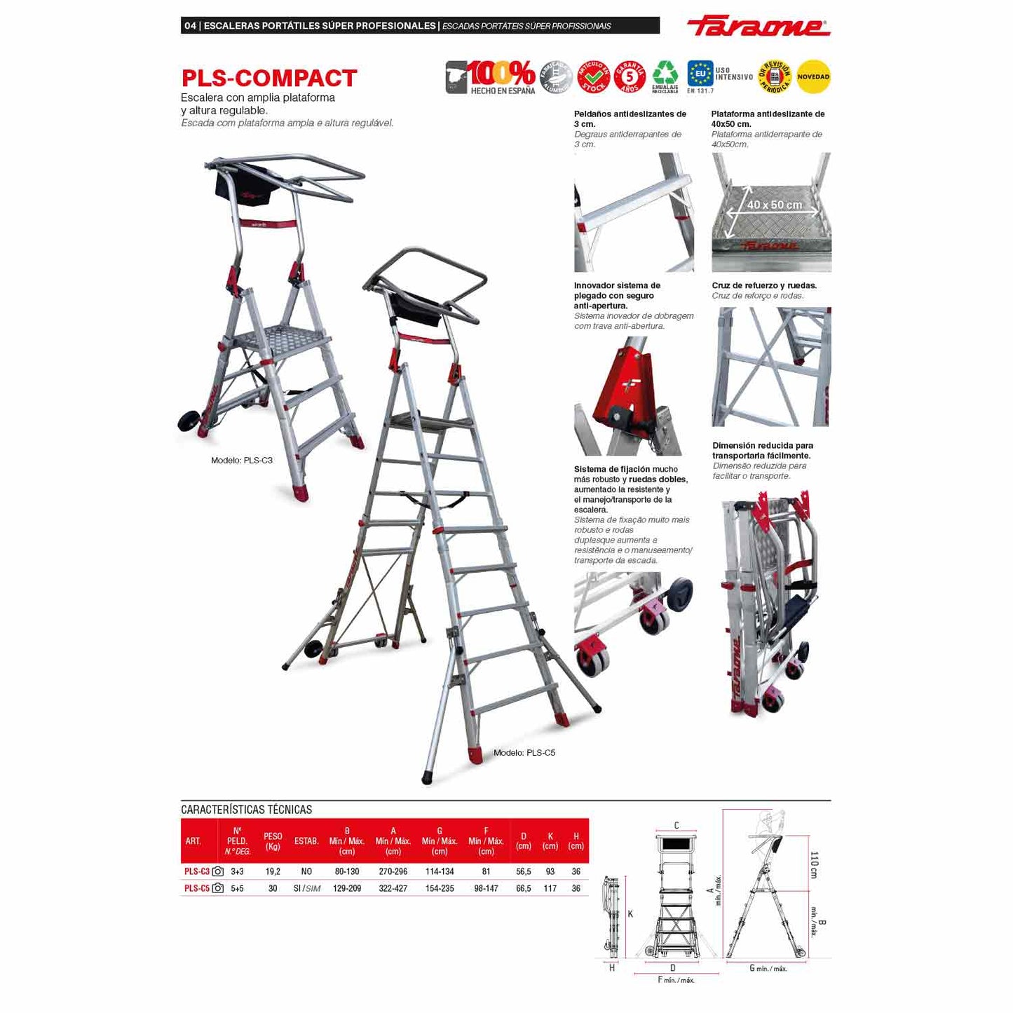 PLS-COMPACT | Escalera plegable con amplia plataforma y altura regulable