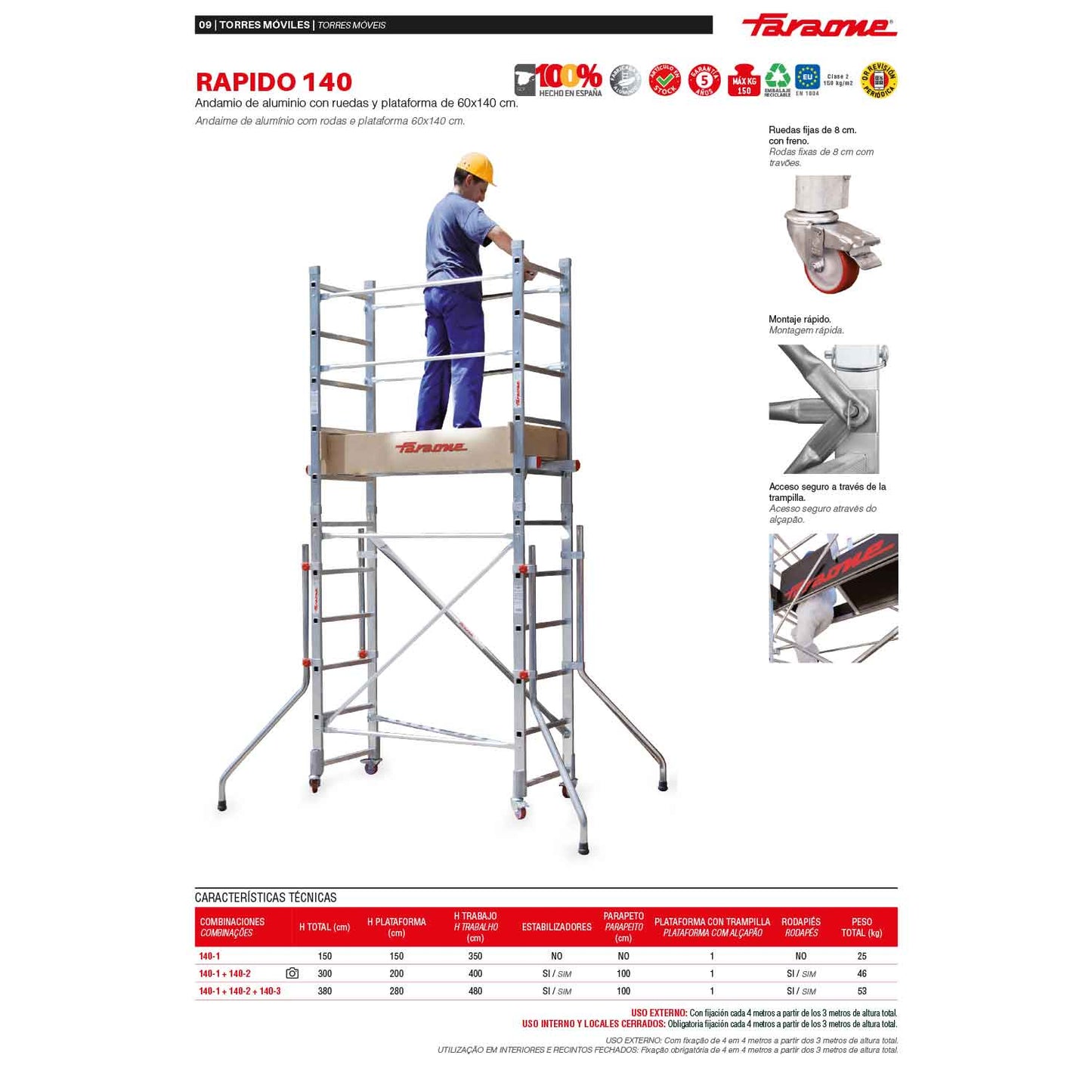 RAPIDO 140 | Andamio de aluminio con ruedas y plataforma de 140x60 cm.