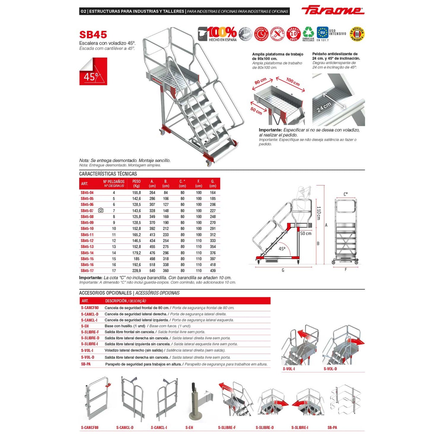 SB45 | Escalera de aluminio con plataforma y vuelo| Inclinación de 45º