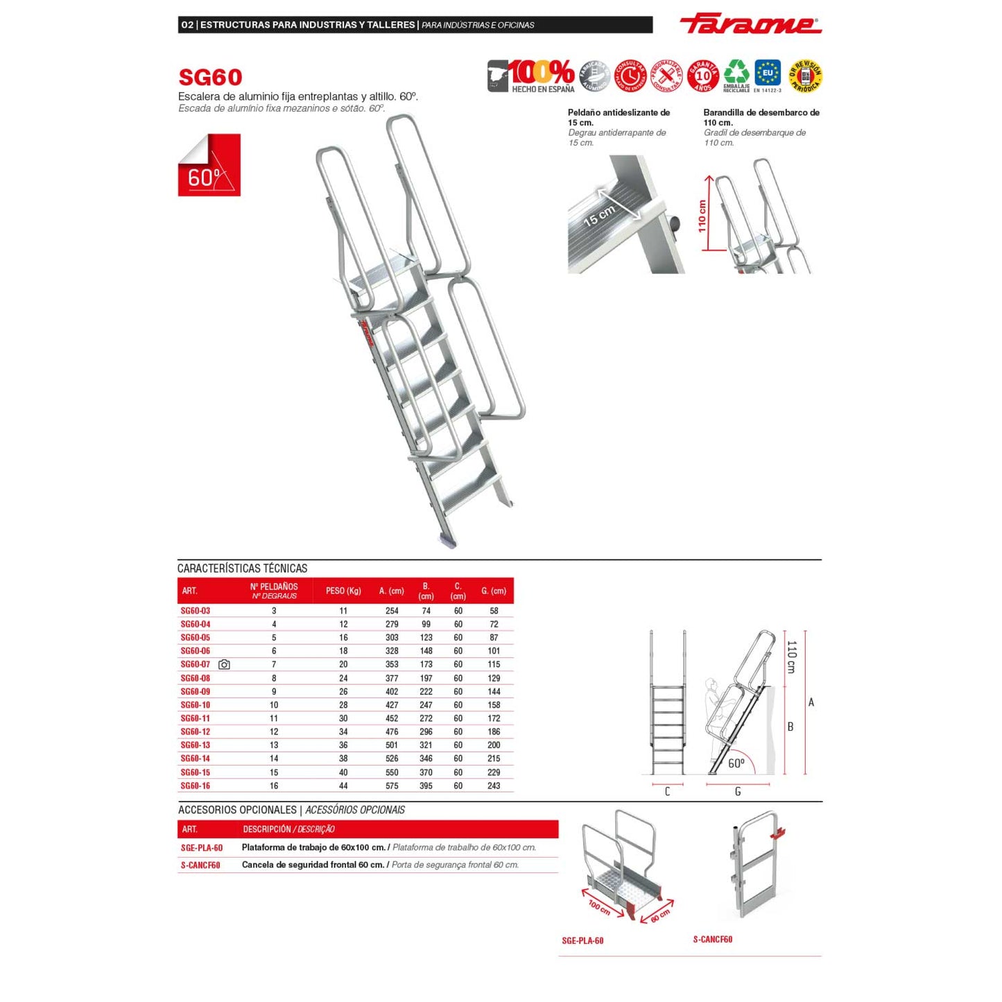 SG60 | Escalera de aluminio fija para entreplantas y altillos | Inclinación 60º