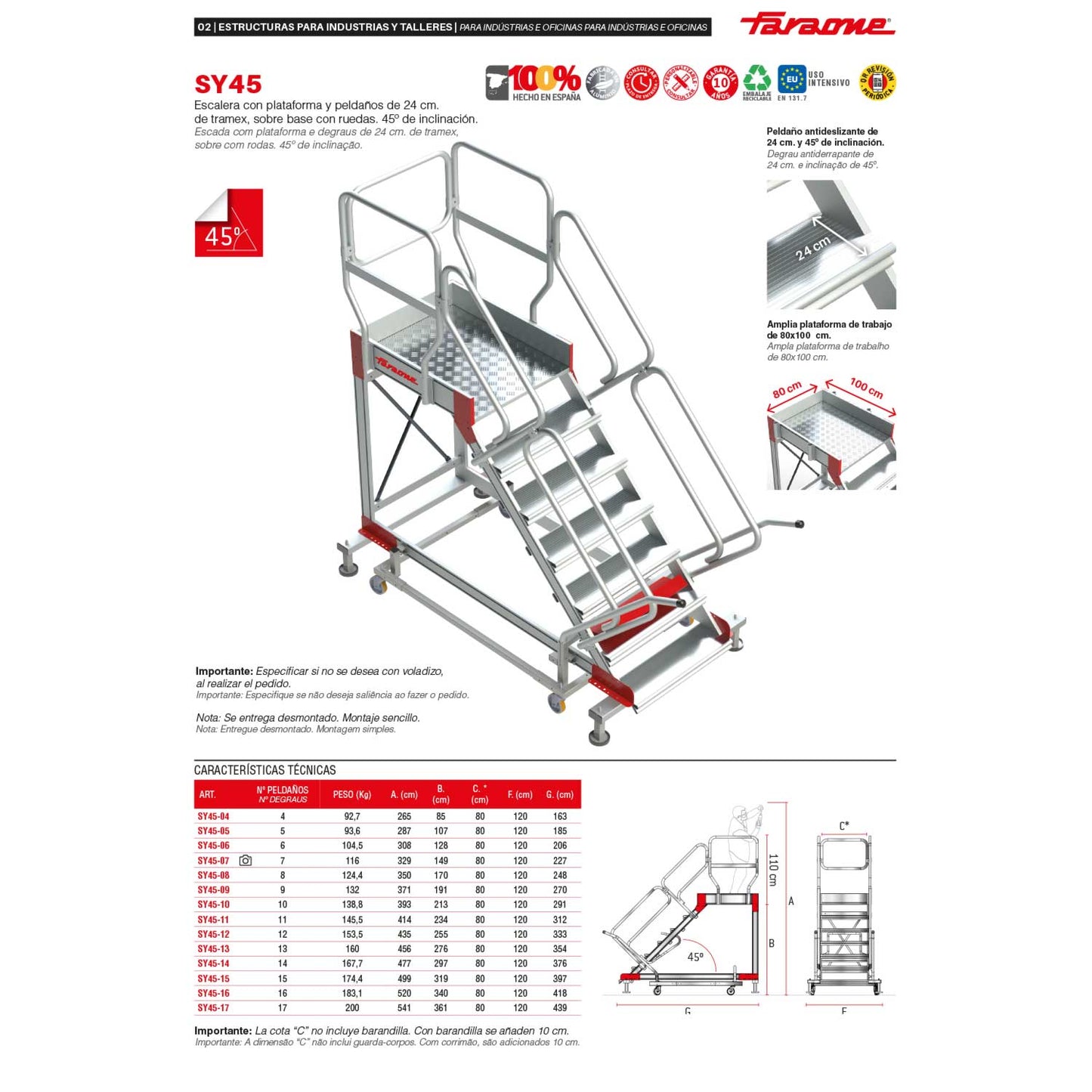 SY45 | Escalera con plataforma y cuatro ruedas | Inclinación de 45º