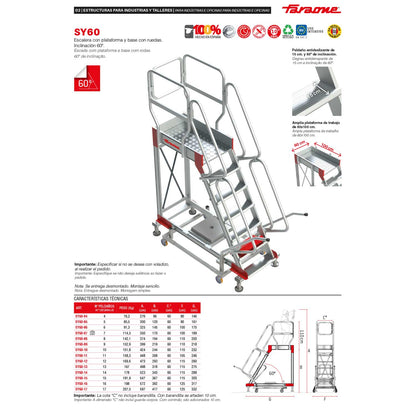 SY60 | Escalera de aluminio con plataforma y cuatro ruedas | Inclinación de 60º