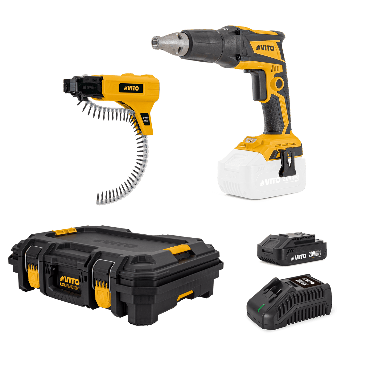 Atornillador para Pladur 20V, Autoalimentador, Batería 3AH, Cargador y Maletín VITO