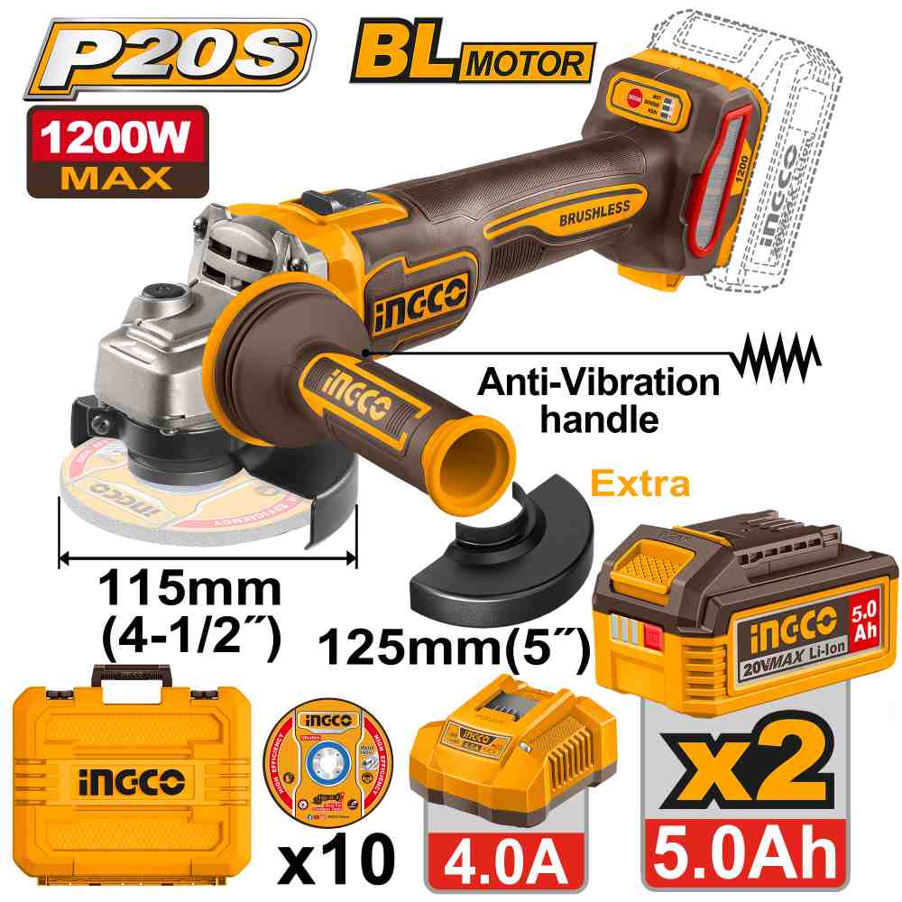 Amoladora 115/125mm 1200W +CARG/2BAT 5 Ah INGCO
