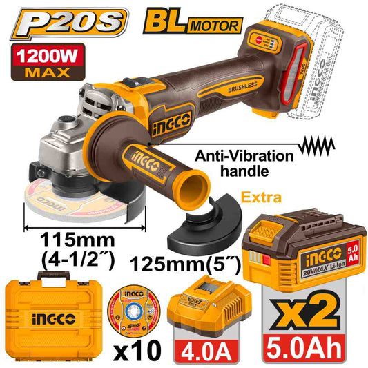 Amoladora 115/125mm 1200W +CARG/2BAT 5 Ah INGCO