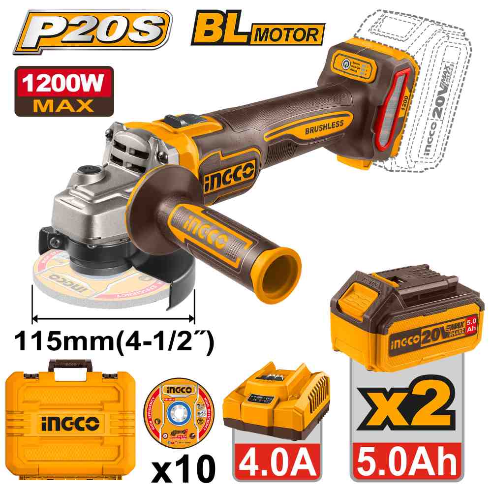 Amoladora 115mm 1200W +CAR/2BAT 5Ah INGCO