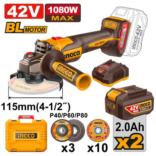 Amoladora 1080W 42 V 115mm * Incluye Cargador/bat 2 Ah INGCO