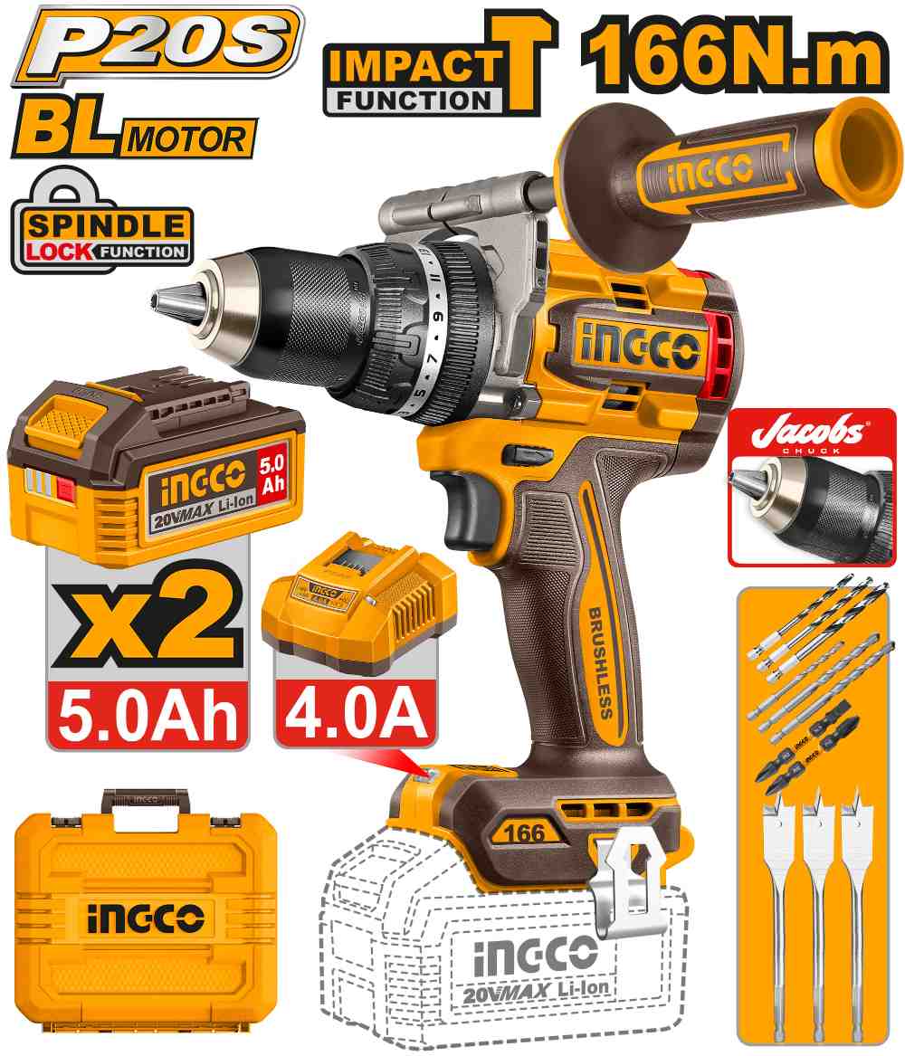Taladro Atornillador 20V 166Nm INGCO