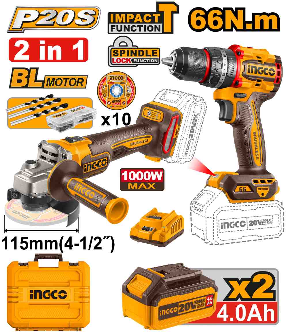 Kit 2 Maq. Ator/ 66 Nm + Amol. 115mm 1000W INGCO