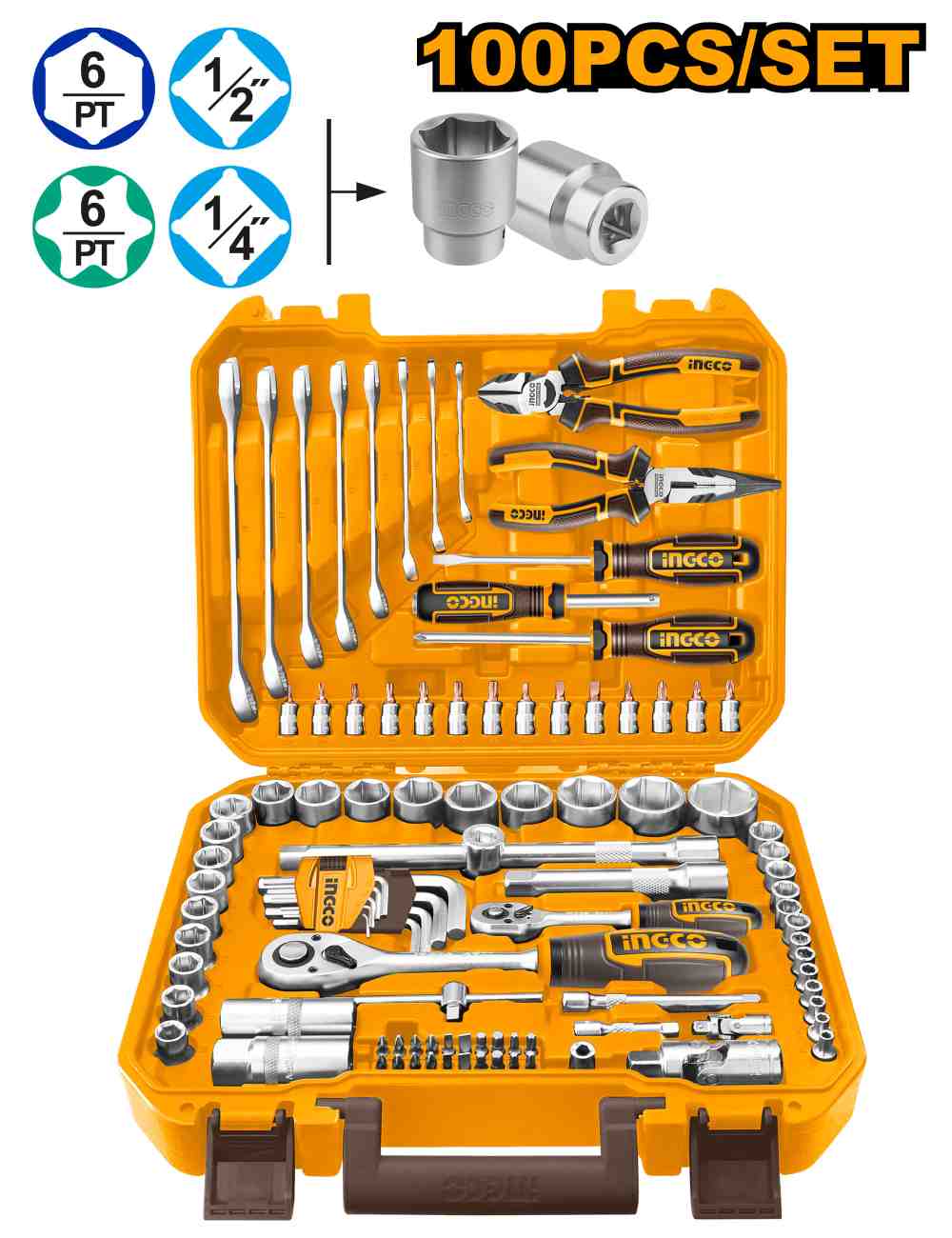Maleta 100 Pcs Herramientas Combinadas 1/2" 1/4" INGCO