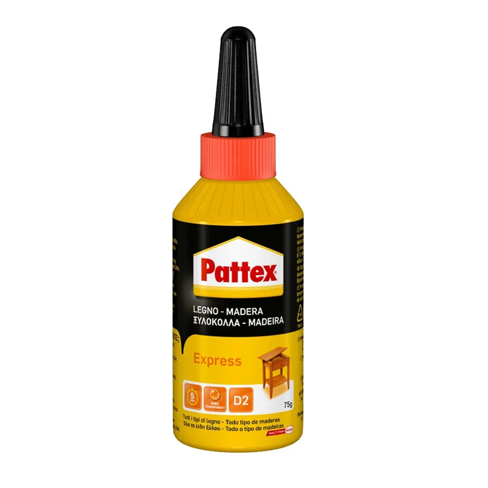 Pattex Cola para Madera Express 75, 250 y 750 g — Fuerza inicial en 5 minutos, transparente al secar, sin disolventes